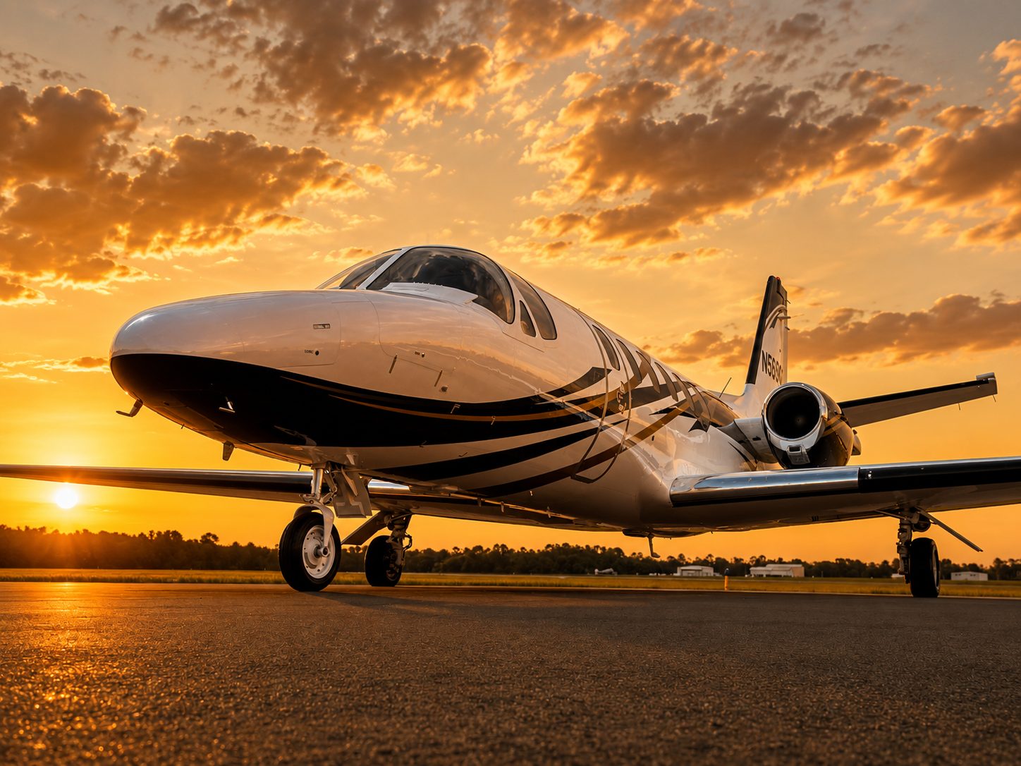 Cessna Citation business jet on the ramp at sunset